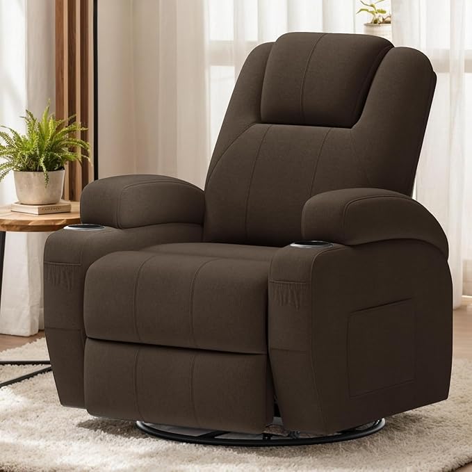 Flamaker Swivel Rocker Recliner Chair with Vibration Massage 360° Swivel Recliner Chairs for Adults Ergonomic Lounge Chair with Cup Holders Lazy Boy Recliner Single Sofa Seat (Fabric Brown)