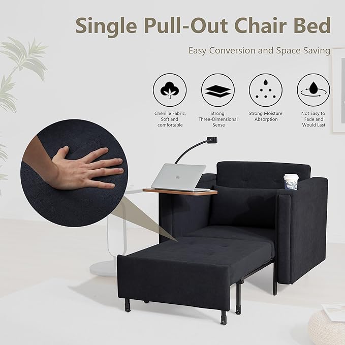ORRD Pull Out Sofa Chair Bed 2-in-1 Multi-Functional Sleeper Couch Small Loveseat Bed with Hidden Side Table Phone Holder and Cup Holder for Living Room Small Space Apartment (Black)