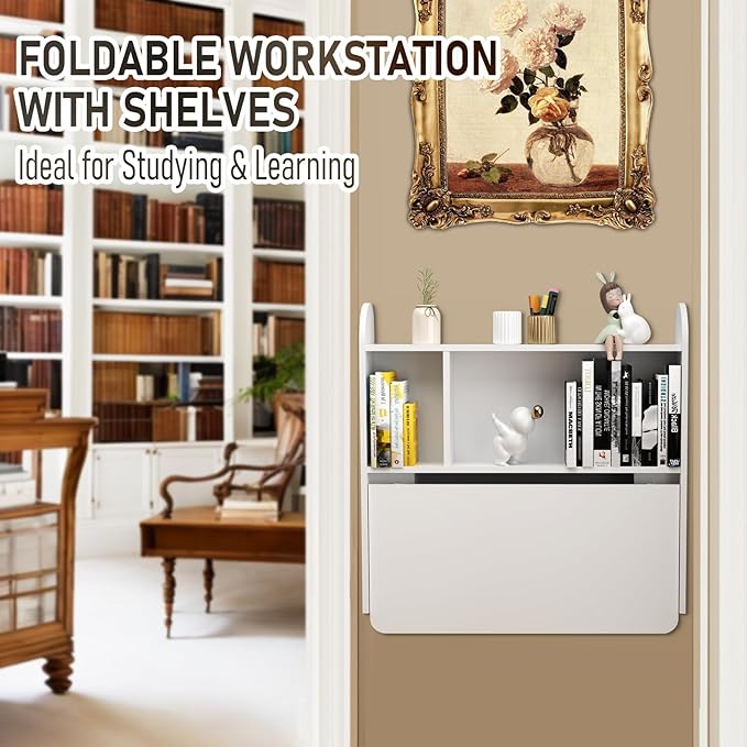 Wall Mounted Drop-Leaf Table Floating Laptop Desk Folding Table with Shelves Multifunctional Computer Workstation with Storage Compartments in Home Office for Space Saving (White)