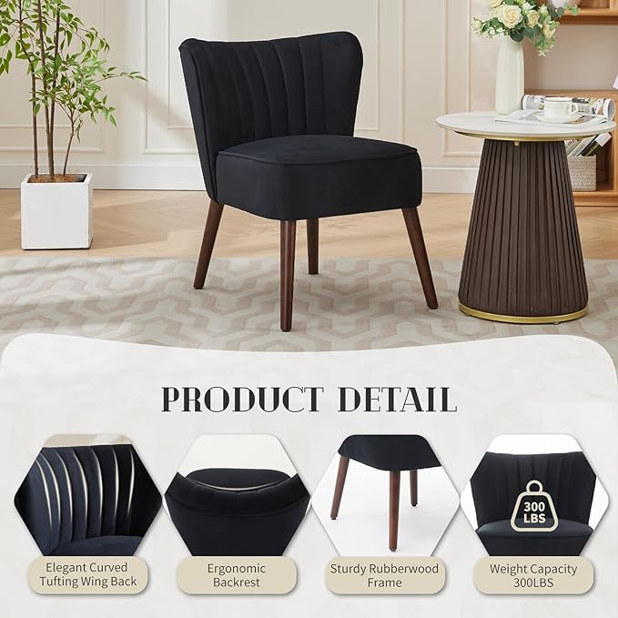Velvet Accent Chair Set of 2 with Wing Backrest Mid Century Modern Living Room Chairs with Wooden Legs Comfy Single Sofa Side Chair for Living Room Kitchen Dining Room Bedroom Black