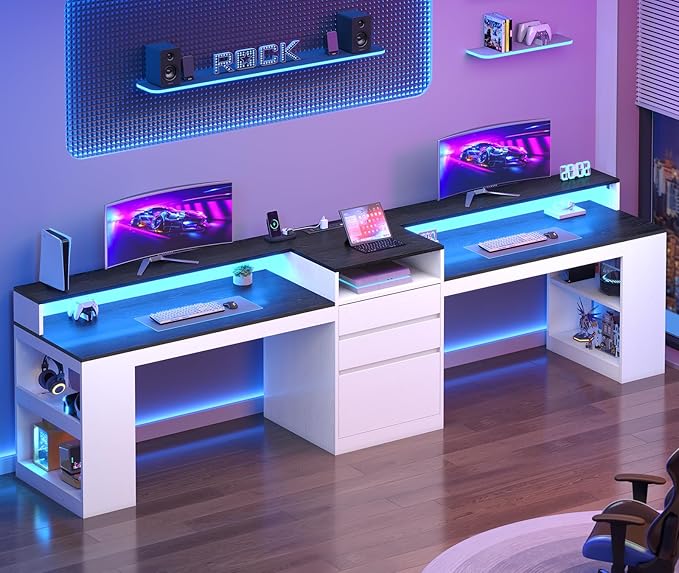 96.6 Long Computer Desk 2 Person Desk with LED Lights &amp Power Outlet Modern Two Person Gaming Desk with File Drawers Monitor Stand Printer Shelf ＆ Storage Double Table for Home Office White