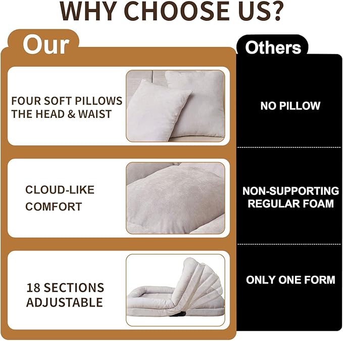 Convertible Fold-Out Lazy Sofa Bed - Adjustable Human Dog Bed for Adults Plush Upholstered Adjustable Sofa Couch with 18-Position Backrest 2-Person Floor Sofa Bed Space Saving Design (Double)