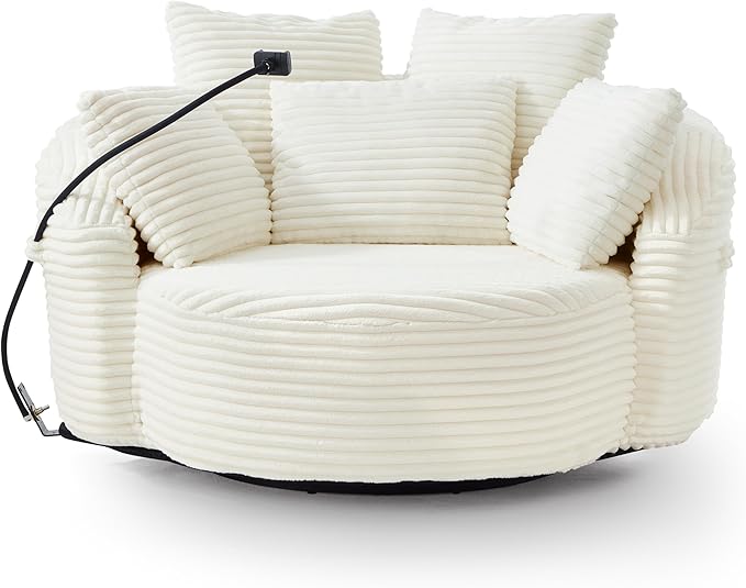 360° Swivel Accent Chair with 5 Throw Pillows Adjustable Phone Holder Corduroy Fabric Round Sofa Chair Barrel Chair with Semi-Wraparound Design for Living Room Office and Hotel (Beige1)