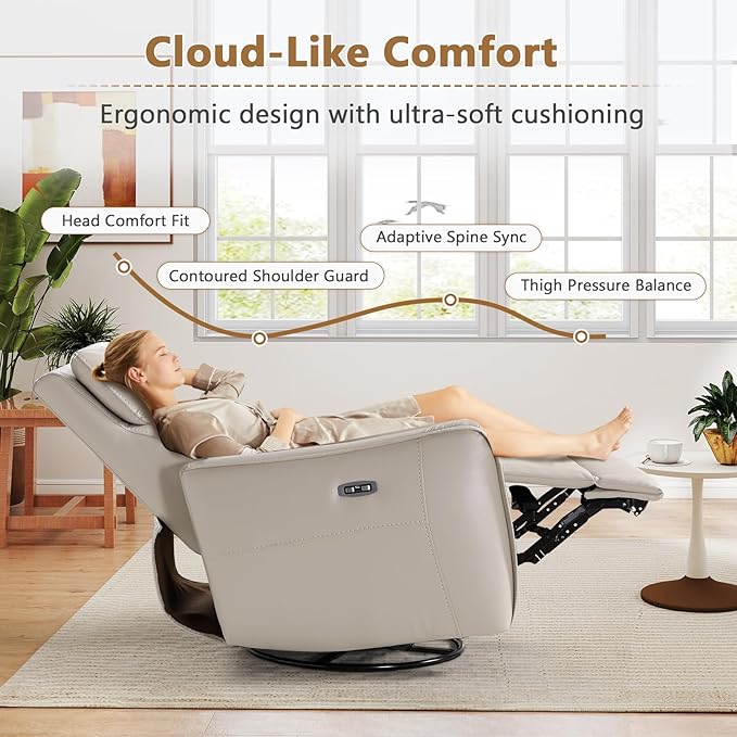 ANJ Power Swivel Rocker Recliner ChairNursery Rocking Chairs with USB &amp Type C PortUpholstered Faux Leather Glider Rocking Chair for Living Room Silver Gray