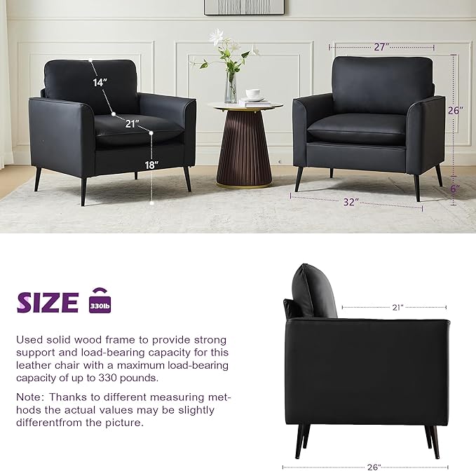TYBOATLE Accent Chairs Set of 2 Black Leather Accent Chair Comfy Living Room Chair Cozy Reading Sitting Chair Mid Century Modern Accent Chairs Arm Reception Chairs Office Furniture