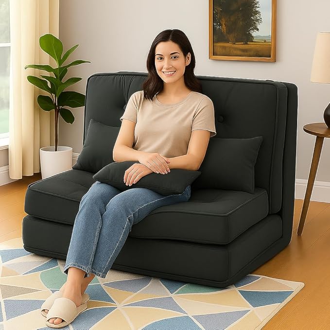 COMHOMA Folding Sofa BedConvertible Sleeper Chair with PillowsFold Out Chair Bed&ampFabric Floor CouchFoldable Mattress with Adjustable Backrest for Living RoomGuest RoomDorm (Black)