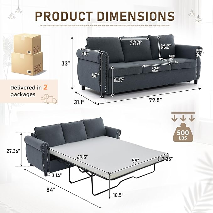 Pull Out Sofa Bed with Mattress Included Convertible Futon Oversized Chenille 3 Seater Loveseat Sleeper Sofa Couch Bed with Rivet Decoration &amp Rolled Arms for Guest Room Office Living Room Grey