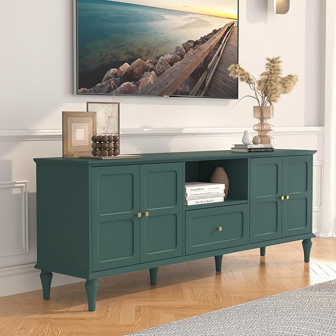 ARTPOWER 67'' Mid-Century Modern TV Stand with Storage Drawer and Doors Long TV Stand with Adjustable Shelves for 75 Inch TV for Living Room Bedroom Green