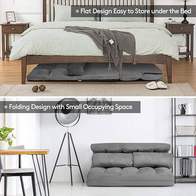 S AFSTAR Floor Folding Couch and Futon Sofa 6-Position Fabric Sleeper Bed with 2 Pillows and Sponge Filling Adjustable Lazy Sofa for Living Room and Bedroom(Gray)