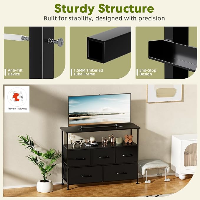 Simple Deluxe TV Stand Dresser for Bedroom Entertainment Center with 5 Fabric Drawers Storage Organizers Units for Living Room Media Console Table with Open Shelf up for 45 TV Black Wood top