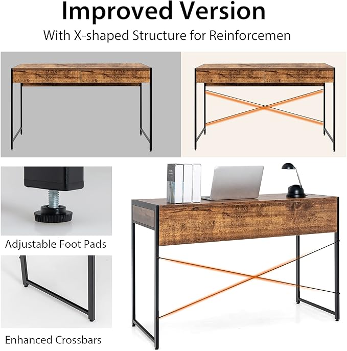 Tangkula Computer Desk with 2 Drawers 44 Study Writing Table w/Heavy-Duty Steel Frame &amp Reinforced Structure PC Desk with Storage for Home Office (Coffee)