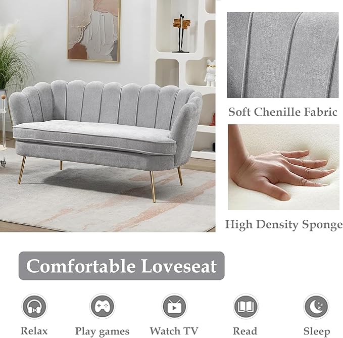 59 Wide Modern Boucle Loveseat 2-Seater Sofa with Gold Metal Legs for Small Space Office Studio Apartment Bedroom (Light Gray.)