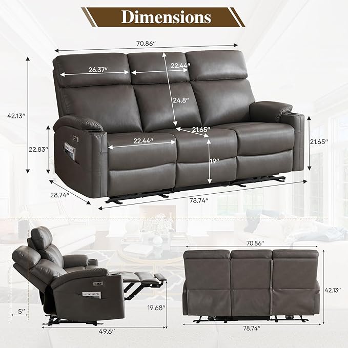 Power Reclining Sofa Electric 3-Seat Dual Recliner Couch with USB Ports Cup Holders Wall Hugger Sofa &amp Couch for Living Room Home Theater Apartment RV (Grey)