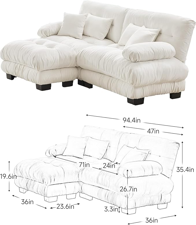 Deep Seat Sectional Sofa 94.4 Comfy Cloud Couch Loveseat with Ottoman Chenille 2 Seater Sofa with 2 Lumbar Pillows and 2 Throw Pillows Couches for Living Room (White 2 Seat + 1 Ottoman)
