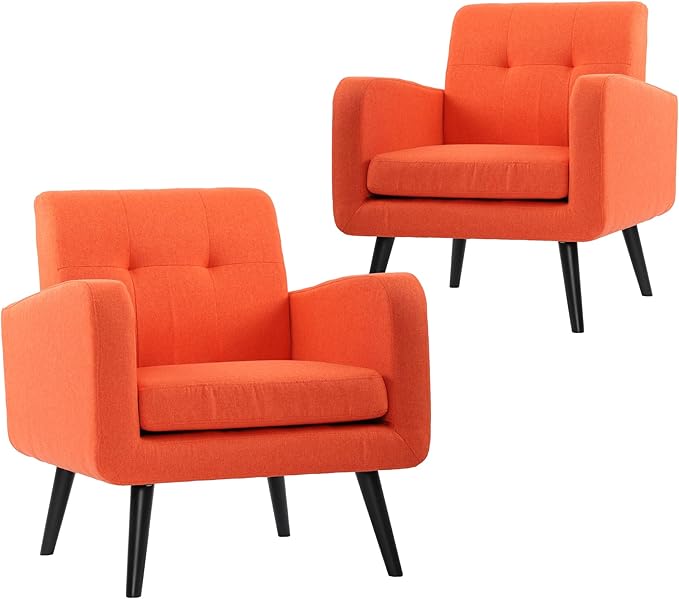 LSSPAID Accent Chairs Set of 2 Modern Orange Linen Fabric Living Room Chairs Comfy Upholstered Armchairs Single Sofa Chair with Solid Wood Legs for Apartment Reading Office
