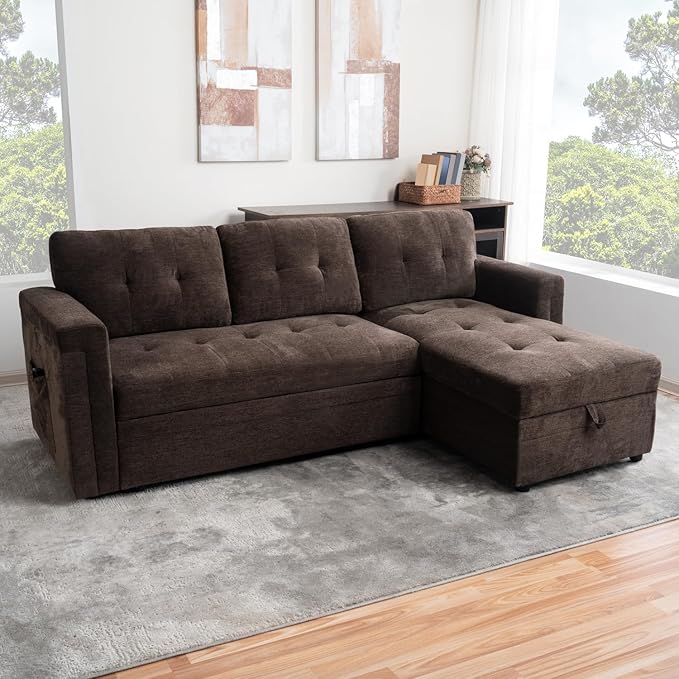 Naomi Home L-Shaped Sectional Sleeper Sofa with USB Ports - Convertible Pull-Out Bed Ample Storage Timeless Design Durable Construction Espresso/Microfiber