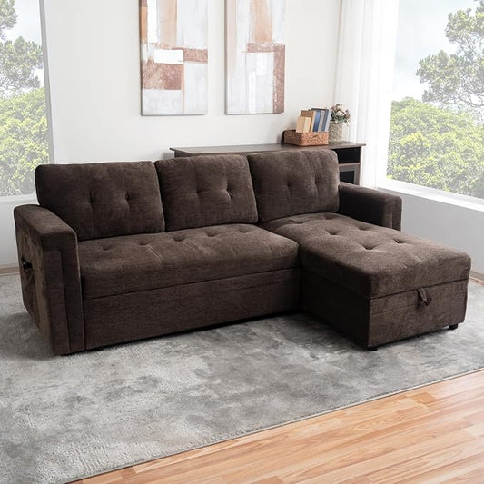 Naomi Home L-Shaped Sectional Sleeper Sofa with USB Ports - Convertible Pull-Out Bed Ample Storage Timeless Design Durable Construction Espresso/Microfiber