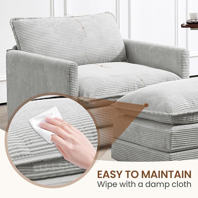 ROWHY Single Armchair with Ottoman Modern Corduroy Cloud Couch with Convertible Chaise Upholstered Sofa Set for Living Room Light Grey