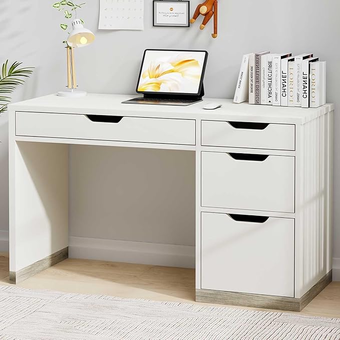 White Desk with Drawers 48 Inch Small Computer Desk with 4 Storage Drawers for Small Space Home Office Desk for Bedroom with Storage File Drawer