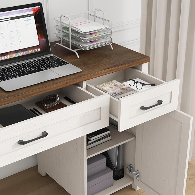 Farmhouse 47 Executive Desk Computer Desk with Drawers and Storage Cabinet Workstation Computer Desk for Home Office and Study Unique White