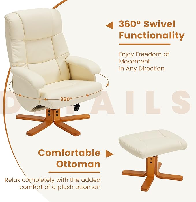 Swivel Recliner with Ottoman Reclining Chair and Footrest PU Leather Upholstered Chair Ottoman Set with Wrapped Base for Living Room Bedroom and Home Office Beige