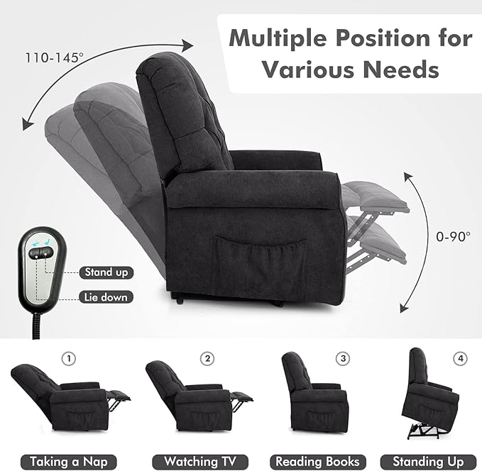 Giantex Power Lift Chair Electric Recliner for Elderly Adjustable Backrest Footrest Heavy Duty Motorized Living Room Chair Sofa with Side Pocket Remote Control Power Lift Recliner (Black)