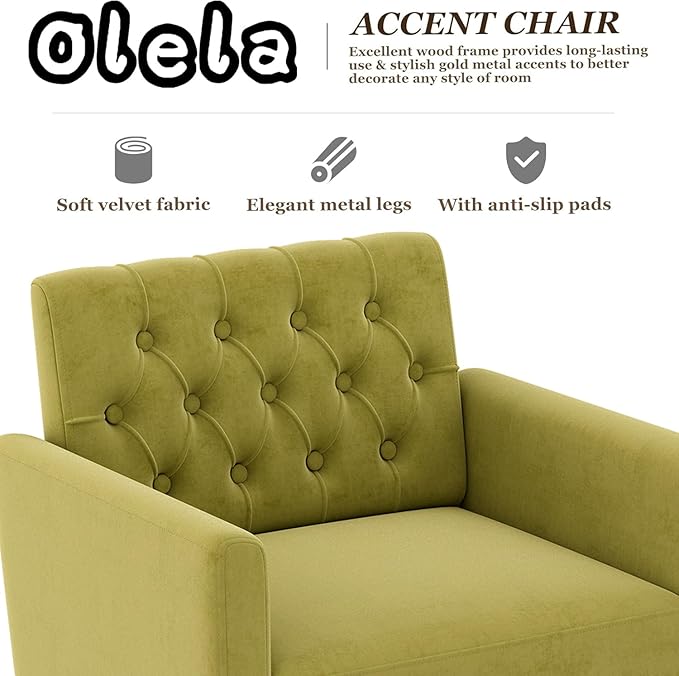 Olela Velvet Accent Chair with Arm for Living RoomModern Armchair Single Sofa Cozy Tufted Upholstered Reading Side Chairs with Gold Metal Leg for Bedroom Decorate(1 Sage Green)