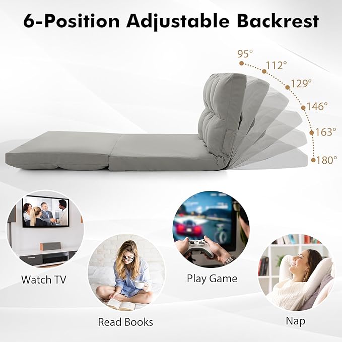 Giantex Floor Sofa Bed with 2 Pillows Convertible Sofa Couch w/ 6 Positions Adjustable Backrest Velvet Cover Folding Lazy Sleeper Sofa for Living Room Bedroom Guest Room (Light Grey)
