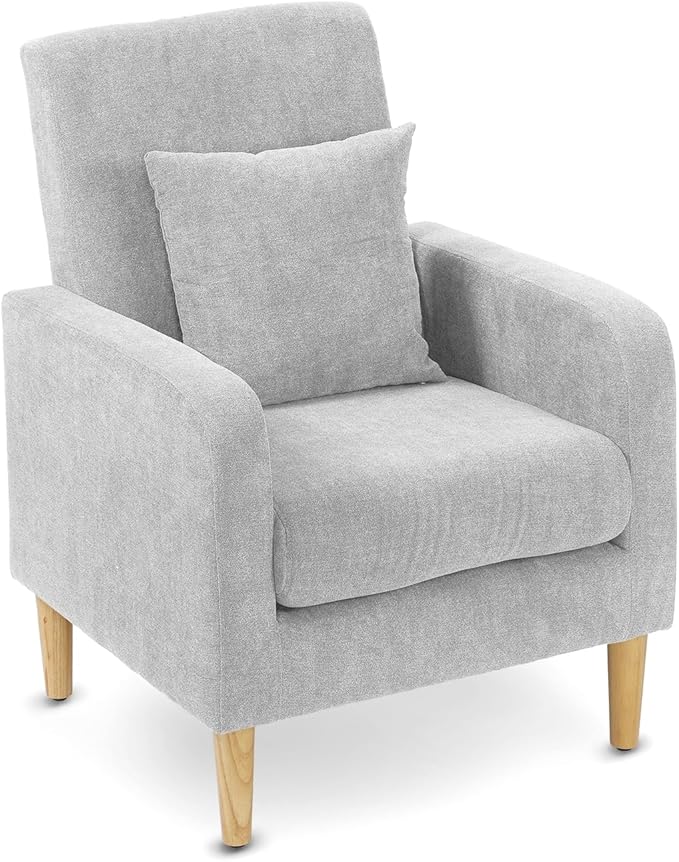 Upholstered Sofa Chair with Pillow Fabric Accent Armchair with Wooden Legs Comfy Lounge Chair for Living Room Bedroom or Office Supports up to 300 lbs (Gray)