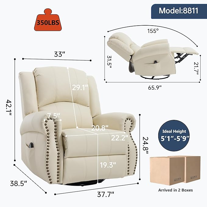 Leather Manual 360° Swivel Rocker Recliner for Adults Gulider Reclining Chair for Living Room with Vibration Massage and Lumbar Heat Side Pockets Faux Leather Beige