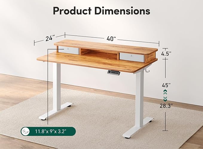 FEZIBO 40 x 24 Inch Height Adjustable Electric Standing Desk with Double Drawer Stand Up Desk with Storage Shelf Sit Stand Desk Light Rustic