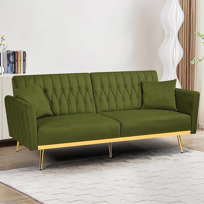70 Velvet Futon with Adjustable Backrest and Armrests Sofa Bed with Extra Pillows for Waiting Room Living Room and Office Olive Green