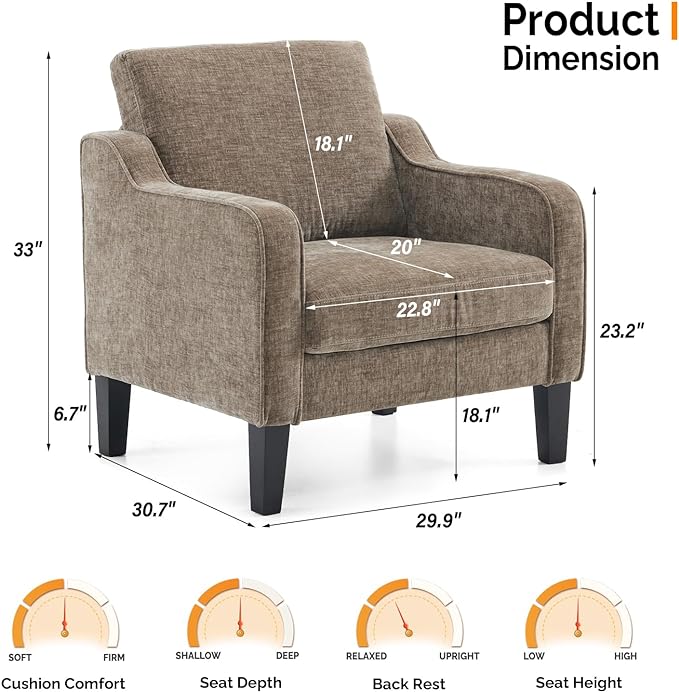 VINGLI Chair Light Brown Upholstered Chenille Accent Chair for Living Room Bedroom Mid-Century Modern Arm Chair Comfy Reading Chair with Scooped Arms