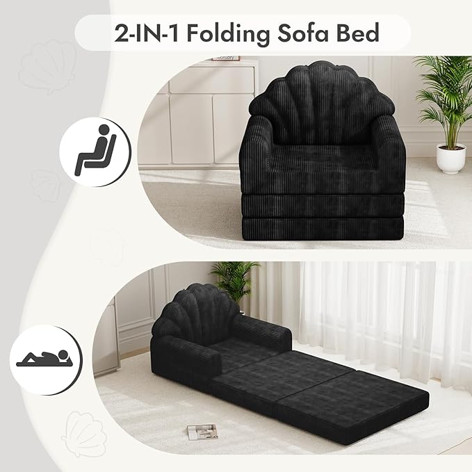 2-in-1 Folding Sofa Bed with Back Support 75 D x 34 W Convertible Futon Sleeper Chair for Adult Fold Out Bean Bag Floor Foam Lounger Couch for Living Room Bedroom Small Space Black