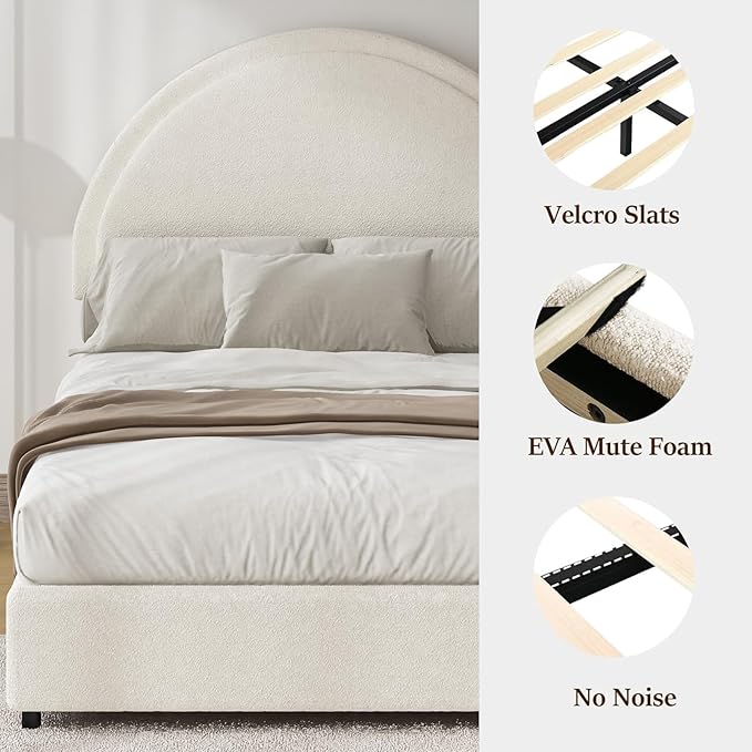 Full Size Bed Frame Soft Bed Frame with Rounded Corners Upholstered Boucle Platform Bed Frame with Round Headboard No Box Spring Required Easy Assembly White