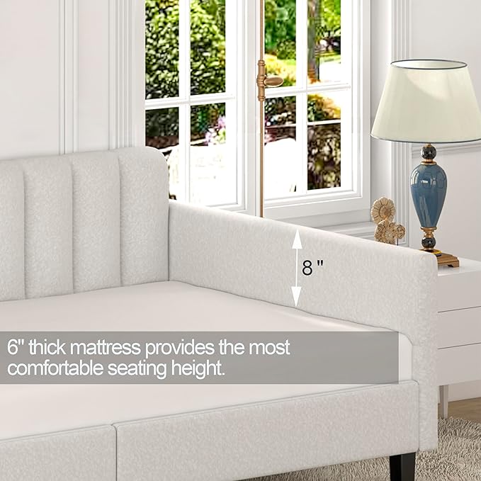 GDFStudio Twin Size Upholstered Daybed Futon Sofa Bed Ribbed Tufted Backrest Lavish Modern Design Couch Bed Frame for Bedroom Living Room Guest Room ApartmentIvory Boucle