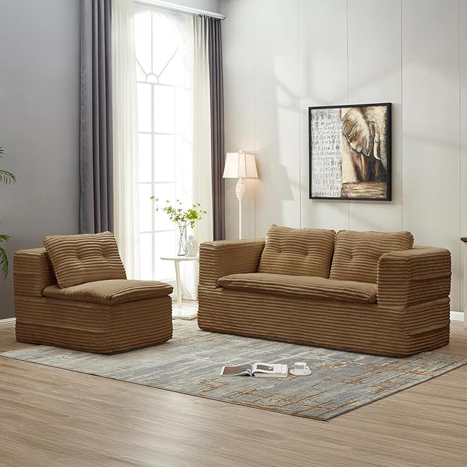 80 W Convertible Folding Sofa Bed Corduroy Futon Loveseat Sleeper Couch Bed with Blanket Full Size Compression Foam Floor Couch Boneless Foldable Mattress for Living Room Bedroom Camel