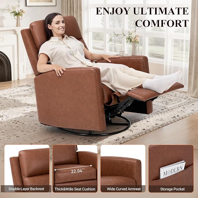 COLAMY Leather Recliner Chair for Adults Swivel Rocker Recliner for Small Spaces Wide Glider Rocking Nursery Chair with Ergonomic High Backrest for Home Living Room Office Bedroom（Cocoa）