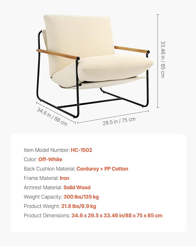 VEVOR Accent Chair Metal Framed Chair with Wooden Armrests Modern Cozy Upholstered Armchair with Soft Foam Cushioning Detachable Cushion for Living Room Bedroom Reading Room Office Beige