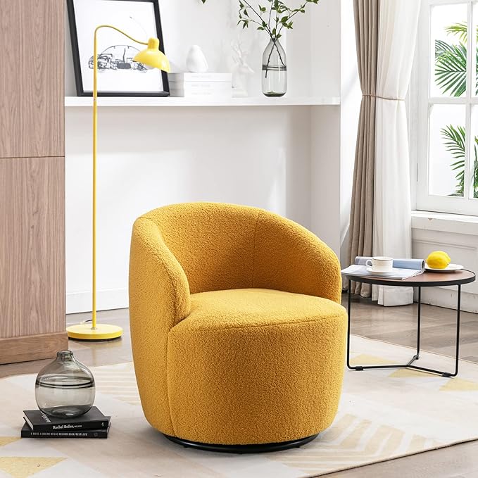 Swivel Chair Barrel Accent Sofa Modern Teddy Fabric Club 360 Degree Small Leisure Arm Chair for Nursery Living Room Hotel Bedroom Office Lounge Yellow 25.6D x 25.6W x 27.56H Inch