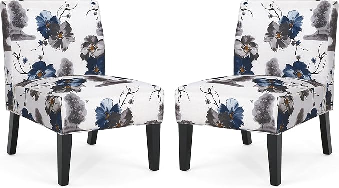Christopher Knight Home Kendal Set of 2 Fabric Upholstered Club Chair Floral Print Modern Armless Accent Chair for Living Room Comfy Slipper Chair for Bedroom Home Office Blue+White