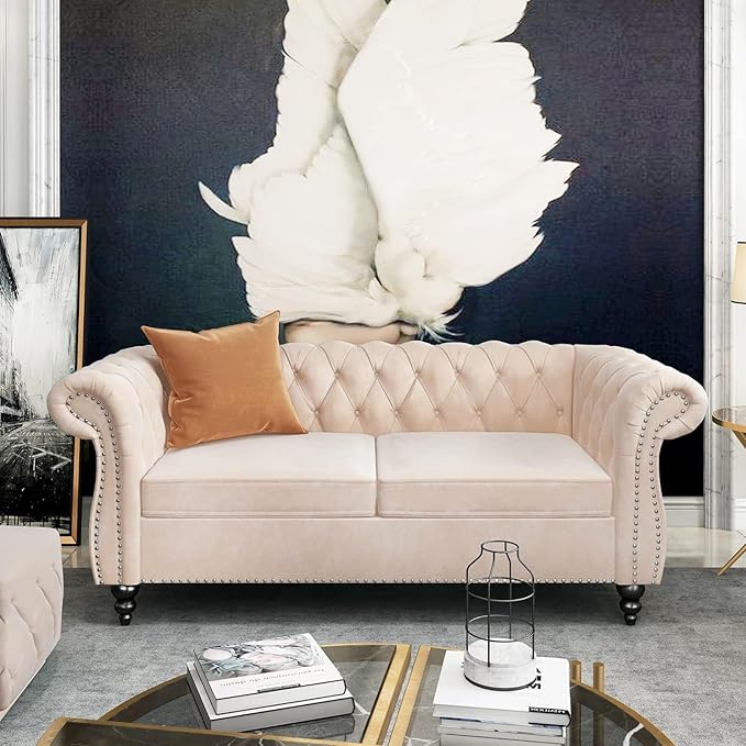 AVZEAR Chesterfield Loveseat Modern Velvet Sofa Tufted Couch 2 Seater with Scroll Arms and Nailhead for Living Room Bedroom Office Apartment Beige