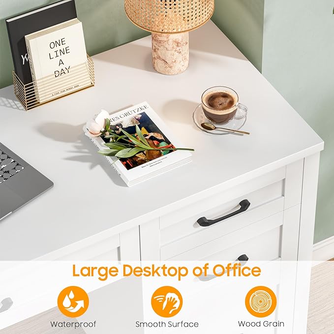Farmhouse 47 Executive Desk with 4 Drawers Computer Desk with File Drawer Workstation for Study Home OfficeCream White.