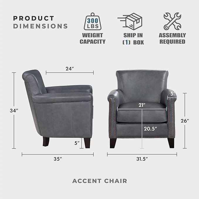 Lexicon 100% Top Grain Genuine Leather Chair Leather Accent Chairs for Living Room Solid Wood Frame Rolled Armrest &amp Nailhead Trim Comfy Reading for Bedroom Office Waiting Room Burnish Gray