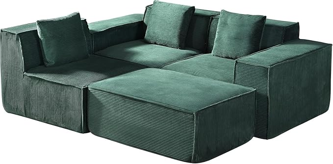 Harper Convertible Corduroy Sectional Couch with Ottoman &amp Pillows Modular L Shaped Sleeper Sofa Boneless Cloud Couch for Living Room Furniture Dark Green