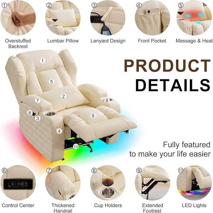 DRMBOOK Power Recliner Chair with 3-Sided Wrap Around LED Electric Wall Hugger Reclining Sofa with Massage &amp Heat Overstuffed Theater Seating with Cup Holders/USB Port (Upgraded Beige 1 Chair)