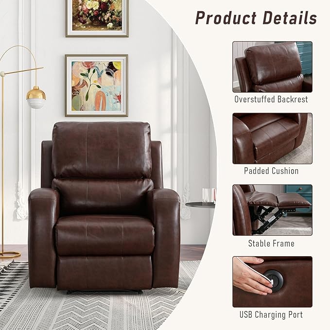 Electric Recliner Chair Soft PU Leather Power Recliners with Padded Backrest Single Overstuffed Heavy Duty Reclining Sofa for Living Room Bedroom Brown