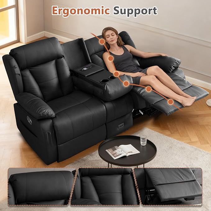 Loveseat Recliner Sofa with Console Flip Middle Backrest Design Manual Reclining Loveseat Sofa with Storage Drawer USB Ports &amp Cup Holders Manual Couch for Living Room Black