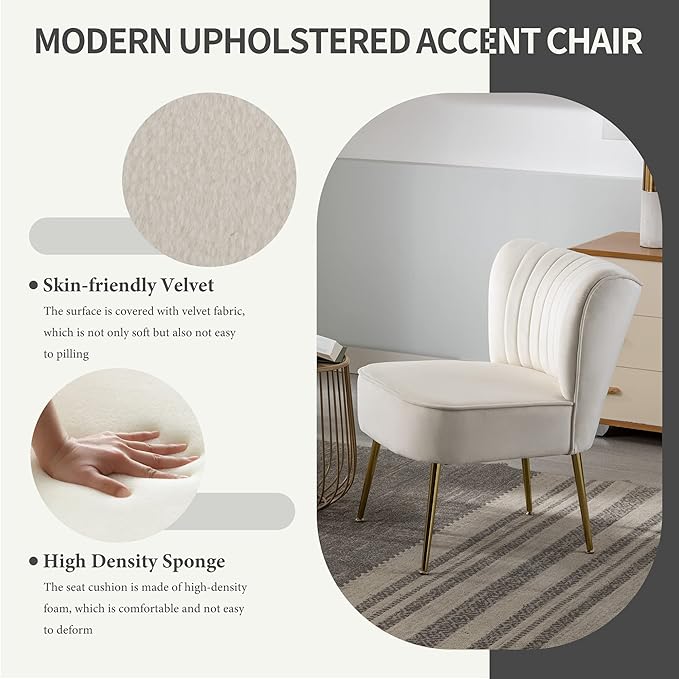 KCC Modern Velvet Upholstered Accent Chair Set of 4Mid Century Living Room Chairs with Golden LegsComfy Armless Chair Wingback Single Sofa Side Chair for BedroomBeige