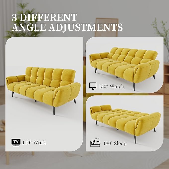 Convertible Futon Sofa Bed 76.77 Modern Linen Futon Couch Comfy Sleeper Sofa with Adjustable Backrests Couch Bed for Small Spaces Living Room Bedroom Apartment Yellow